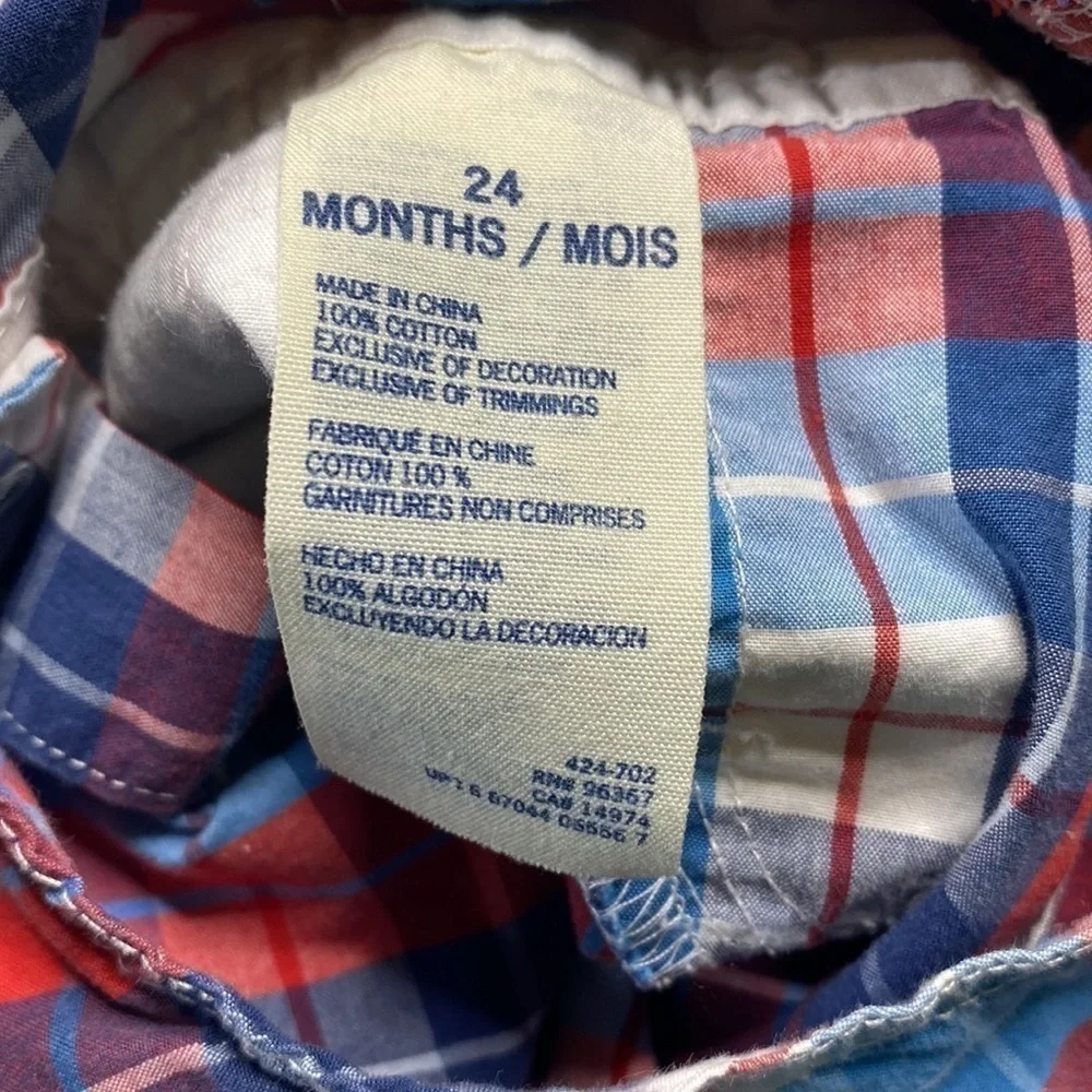 OshKosh B'gosh Vestback Plaid Cotton Shortalls Red White Blue Size 24 Months